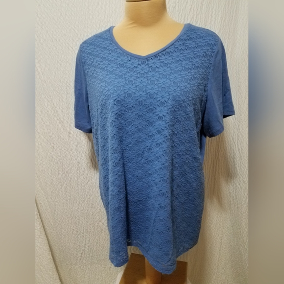 Tops - Chic Blue Floral Lace Overlay 2X Short Sleeve Top